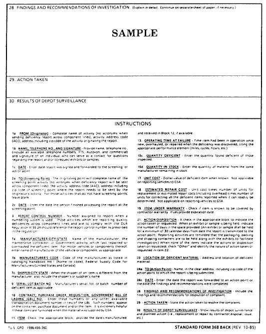Sample Category II Quality Deficiency Report (CAT II QDR), Standard Form (SF) 368 (Back)