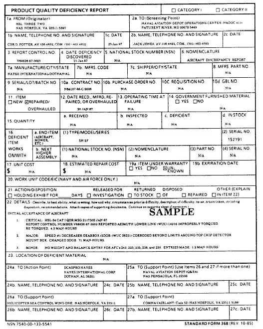 Sample Aircraft Discrepancy Report (ADR), Standard Form (SF) 368 (Front)