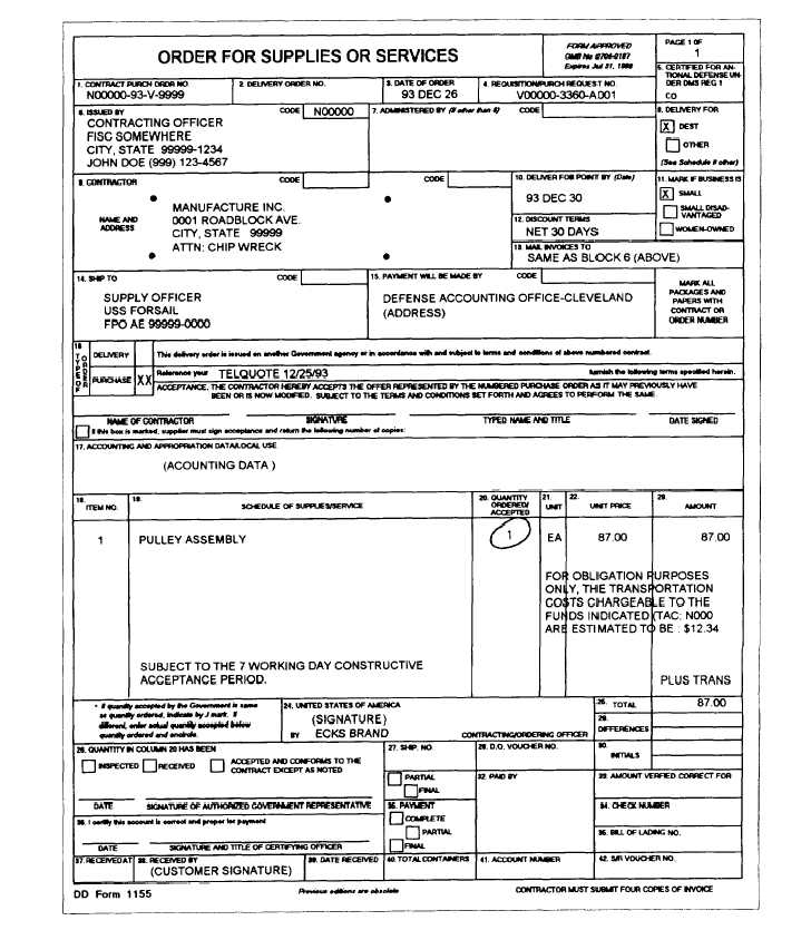 Order For Supplies And Services DD Form 1155 indirect Delivery 14017 92