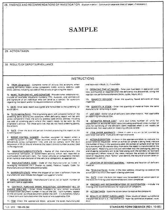 Sample Aircraft Discrepancy Report (ADR), Standard Form (SF) 368 (Back)